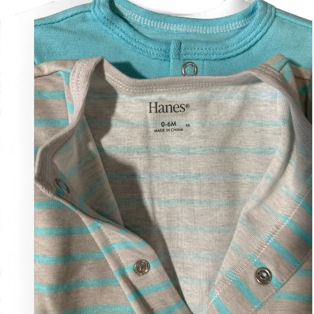 Hanes Baby Flexy 2-Pack Long Sleeve Rompers – Size 0–6M – Blue & Gray Stripe